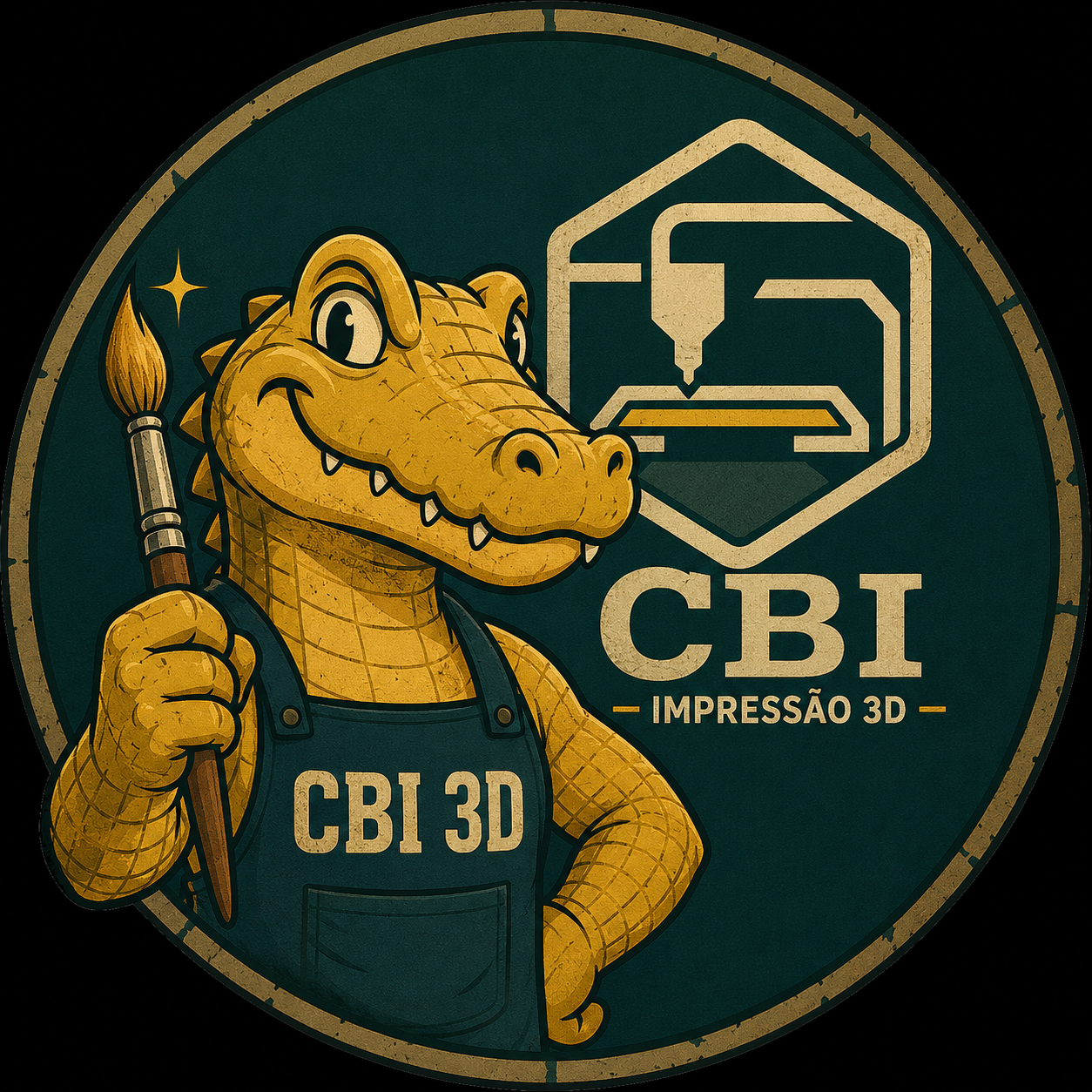 Mascote jacaré dourado da CBI 3D segurando um pincel
